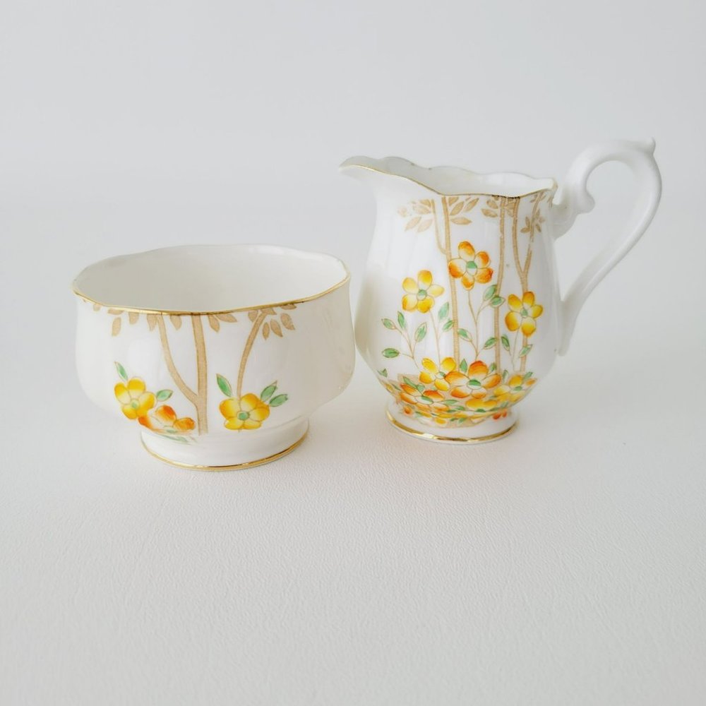 Rare Royal Albert DELL Petite Creamer & Sugar Orange Yellow Floral Bamboo Asian